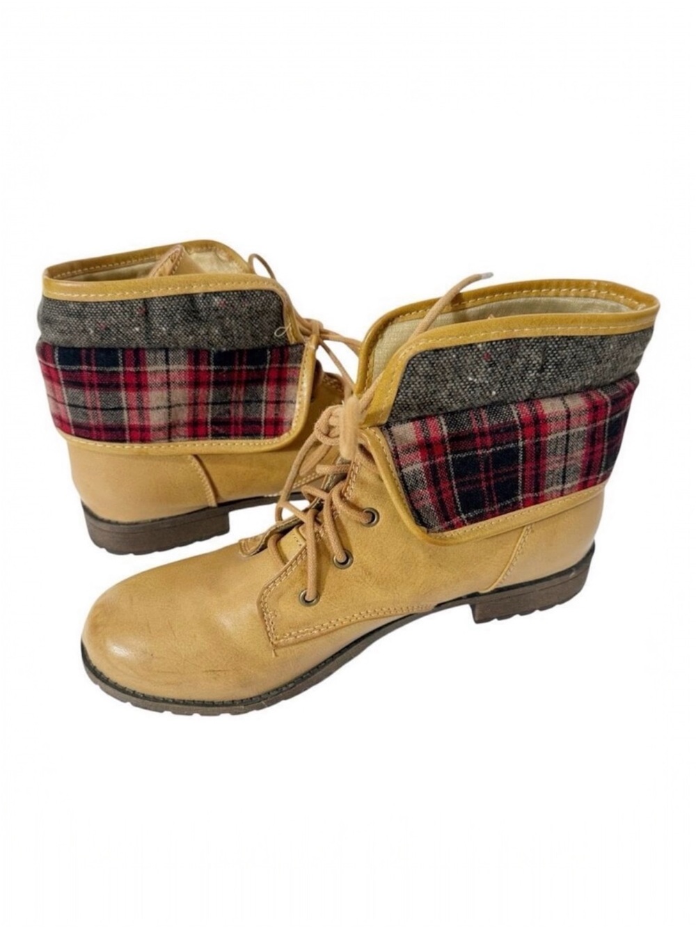 Rampage Jackson Tan Fleece Distressed Cottagecore Lace Up Combat Boot Size 9.5